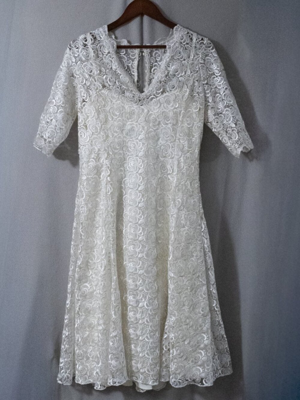 White Wedding Reception Bridal Shower Dress Tea Length Lace with Button Up Back